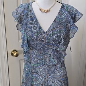 HARPER ROSE BRAND WOMEN'S BLUE PAISLEY RUFFLED SLEEVES SUMMER DRESS SIZE 10